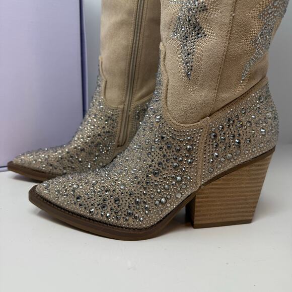 Madden Girl Apple Western Boots Womens 8 Sand Rhinestones Cowboy Boots NIB - Picture 5 of 15